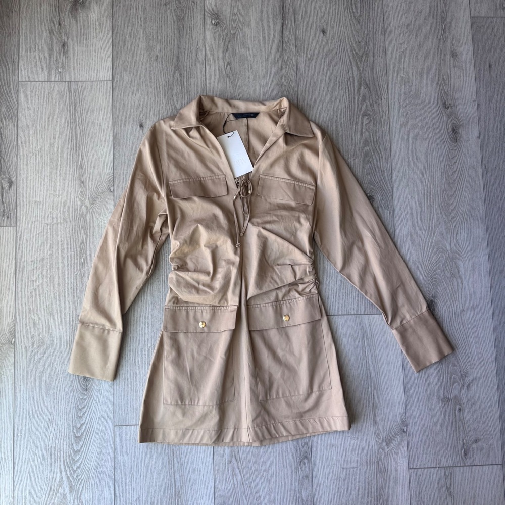 Zara Tan Khaki Utility Mini Dress Lace Up Ruched Waist Long Sleeve 5029/074 M